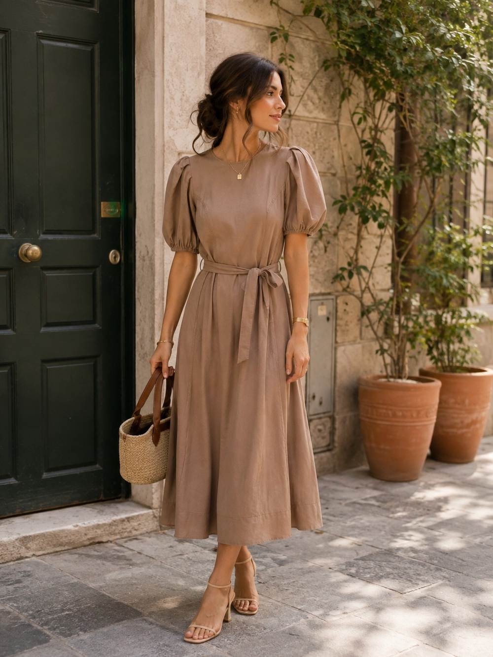 🤎 Ever New Tan Tie-Waist Puff Sleeve Midi Dress | AUS 6 / US 2